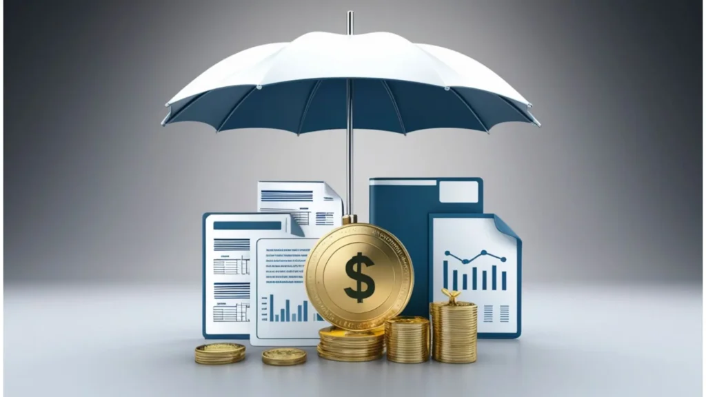Un grand parapluie blanc et bleu abritant une grosse pièce de monnaie dorée, des piles de jetons et des graphiques financiers, illustrant la protection d'un matelas de sécurité contre les risques.